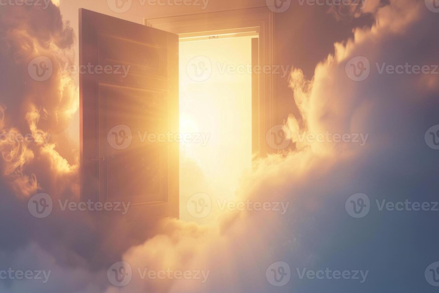 Open door emitting light possibilities growth achievements concept motivation learning skills knowledge heaven doors exit abstract simple background new ways entering leaving space photo