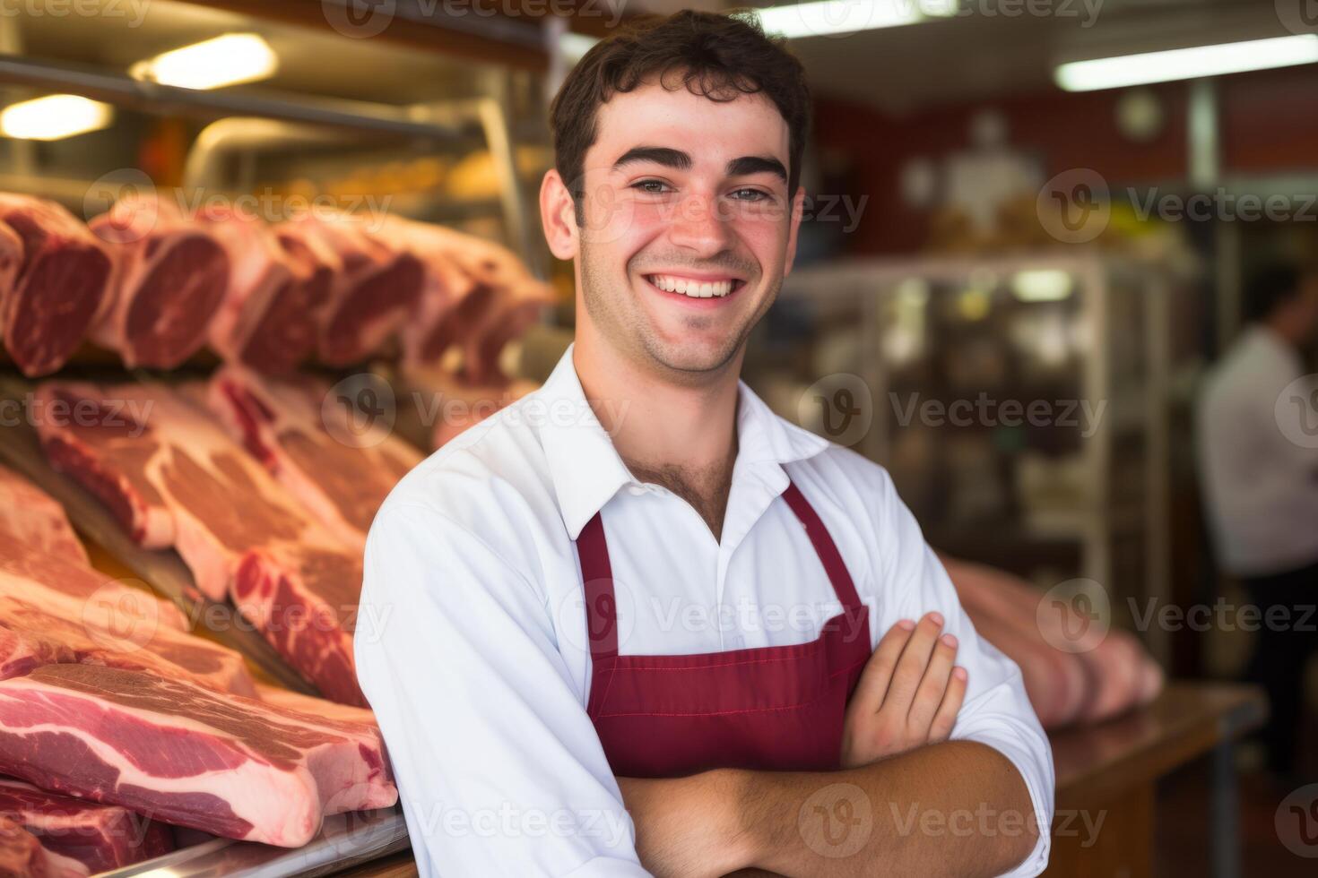 Young smiling butcher slicing expensive organic meat shop grocery store vendor satisfied customer beef pork chicken fresh food raw uncooked food supply protein product butchery barbecue photo