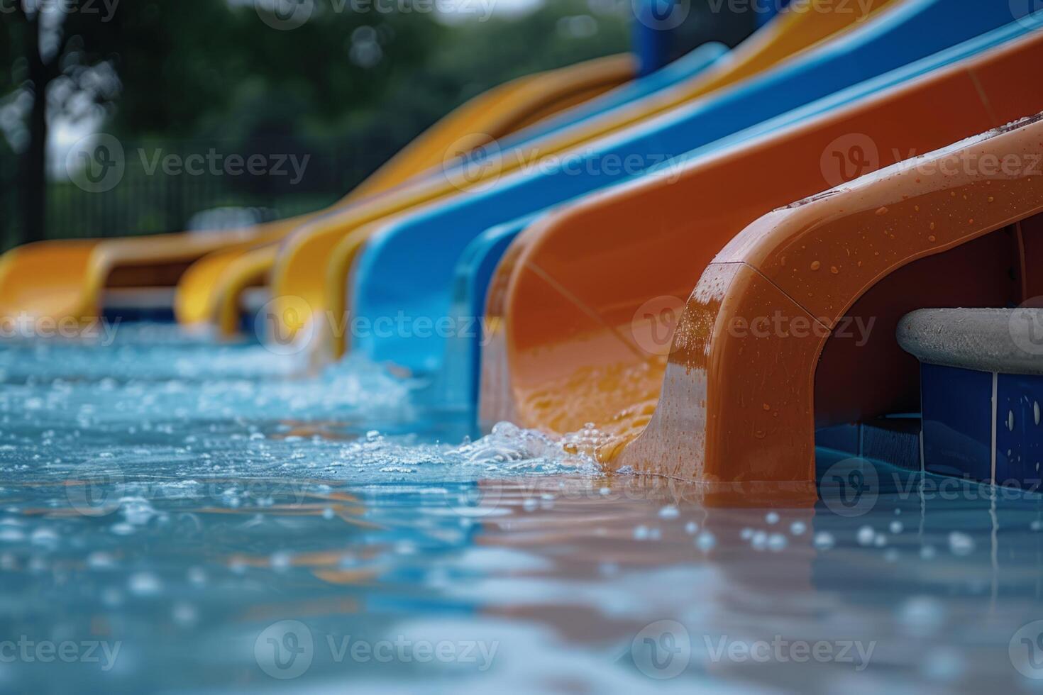 Water slide amusement park tourist attraction summer kids festivity festival joy pool with blue clear water vacation leisure time aquapark fast sliding pipes colorful resort entertainment photo