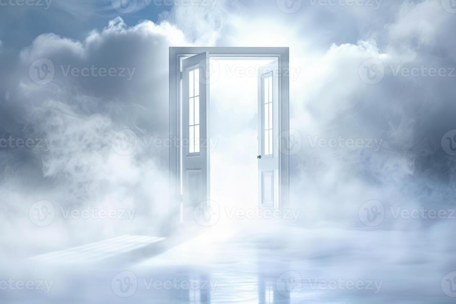 Open door emitting light possibilities growth achievements concept motivation learning skills knowledge heaven doors exit abstract simple background new ways entering leaving space photo