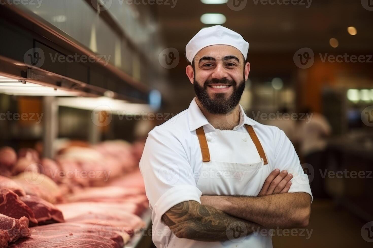 Young smiling butcher slicing expensive organic meat shop grocery store vendor satisfied customer beef pork chicken fresh food raw uncooked food supply protein product butchery barbecue photo