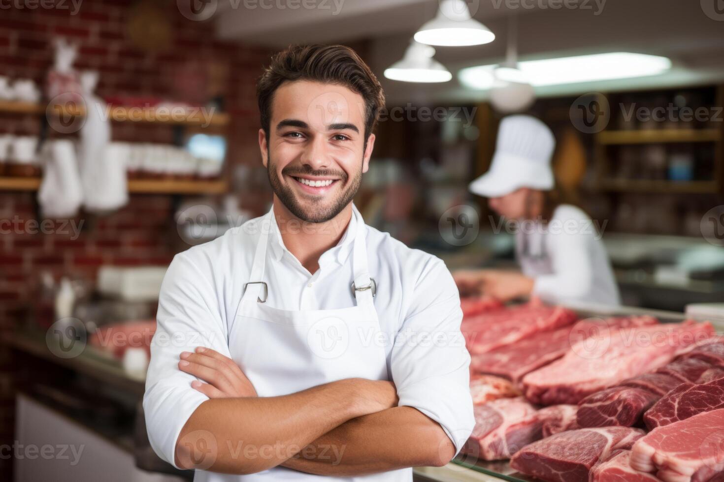 Young smiling butcher slicing expensive organic meat shop grocery store vendor satisfied customer beef pork chicken fresh food raw uncooked food supply protein product butchery barbecue photo