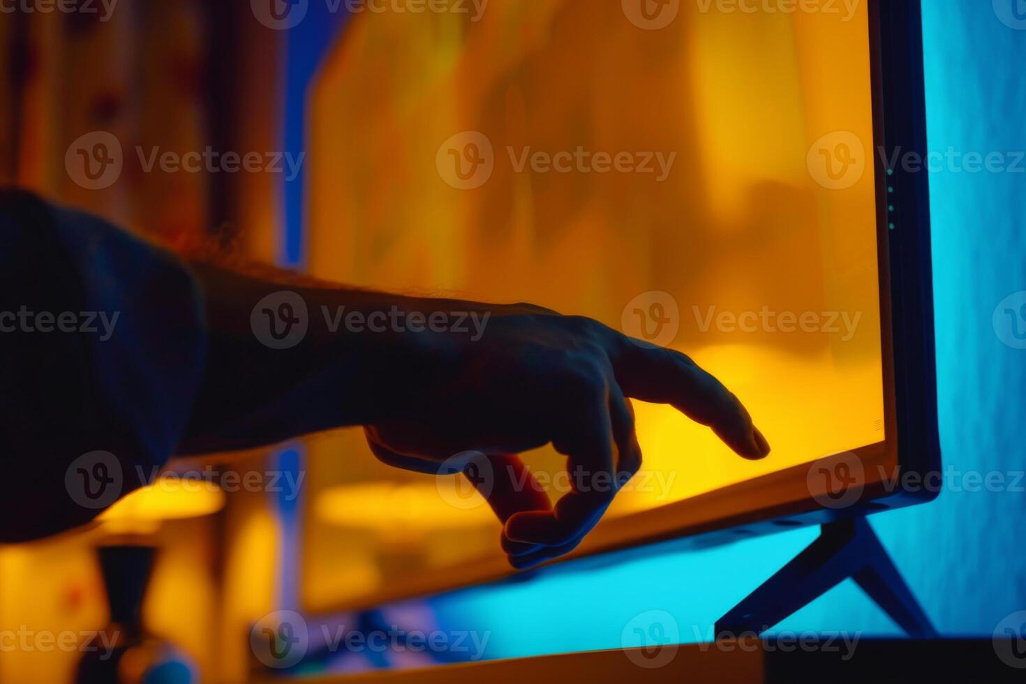 Person watching tv television series sofa retro spooky show documentary movie film couch sitting dark motion picture horror setting home cinema choosing channel remote control photo