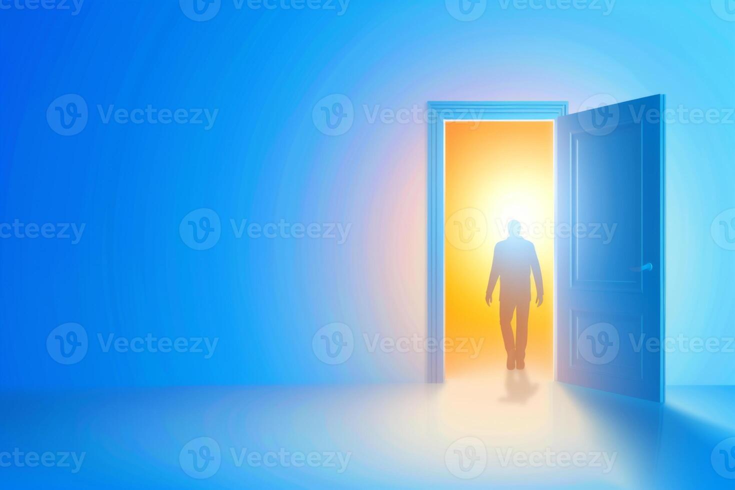 Young person standing in front of door decision making deciding entering light welcome guest concept real estate career path choosing study choice possibility opportunities mortgage photo