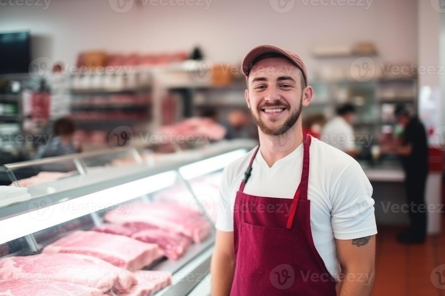 Young smiling butcher slicing expensive organic meat shop grocery store vendor satisfied customer beef pork chicken fresh food raw uncooked food supply protein product butchery barbecue photo