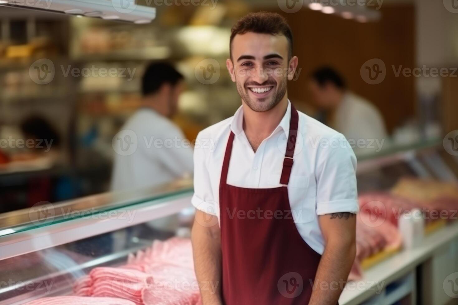 Young smiling butcher slicing expensive organic meat shop grocery store vendor satisfied customer beef pork chicken fresh food raw uncooked food supply protein product butchery barbecue photo