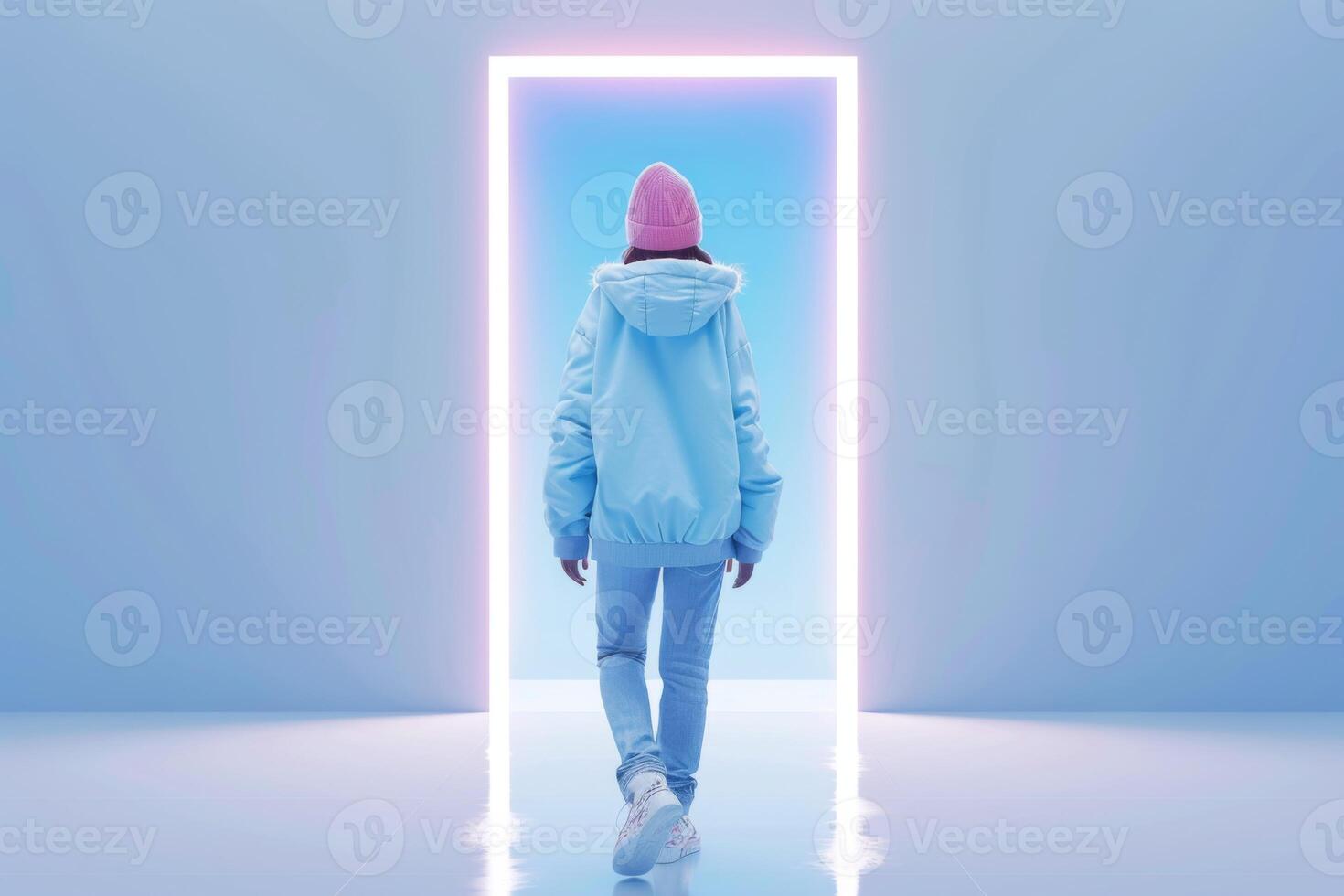 Young person standing in front of door decision making deciding entering light welcome guest concept real estate career path choosing study choice possibility opportunities mortgage photo