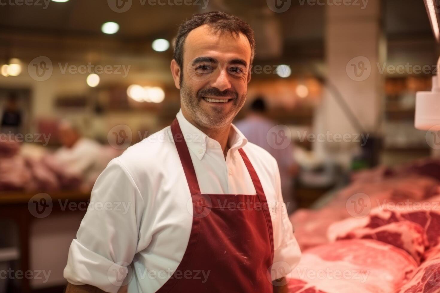 Young smiling butcher slicing expensive organic meat shop grocery store vendor satisfied customer beef pork chicken fresh food raw uncooked food supply protein product butchery barbecue photo