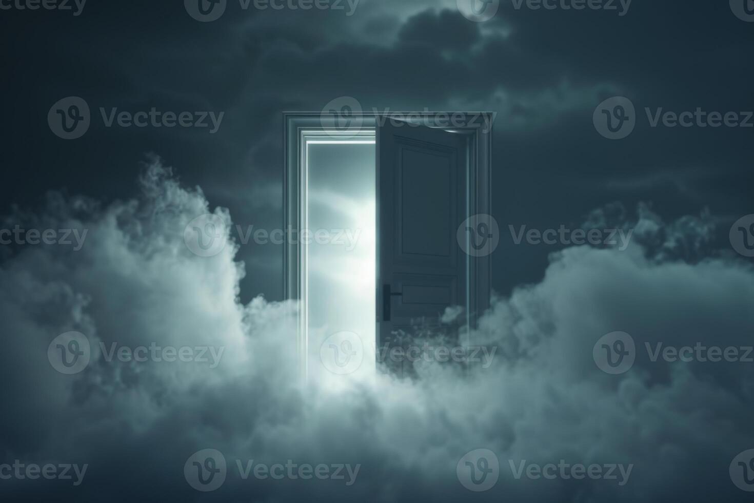 Open door emitting light possibilities growth achievements concept motivation learning skills knowledge heaven doors exit abstract simple background new ways entering leaving space photo