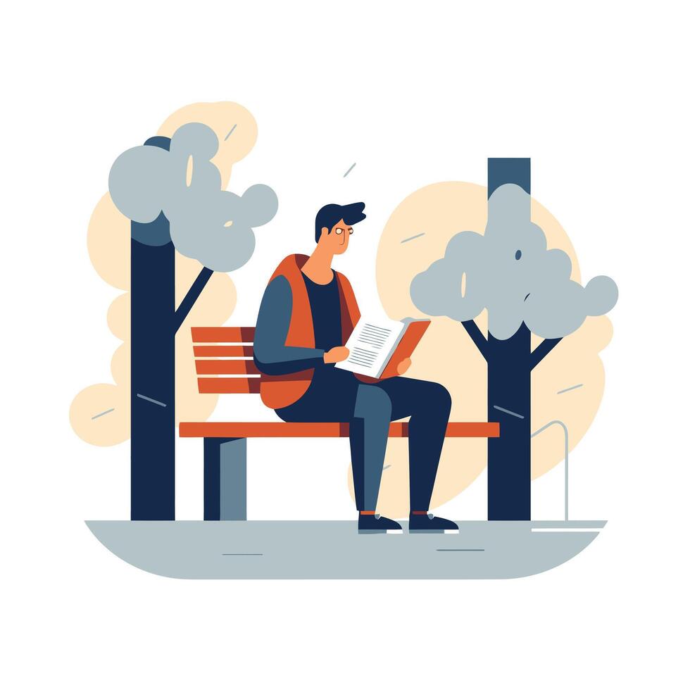 man reading newspaper on bench in park with plants vector