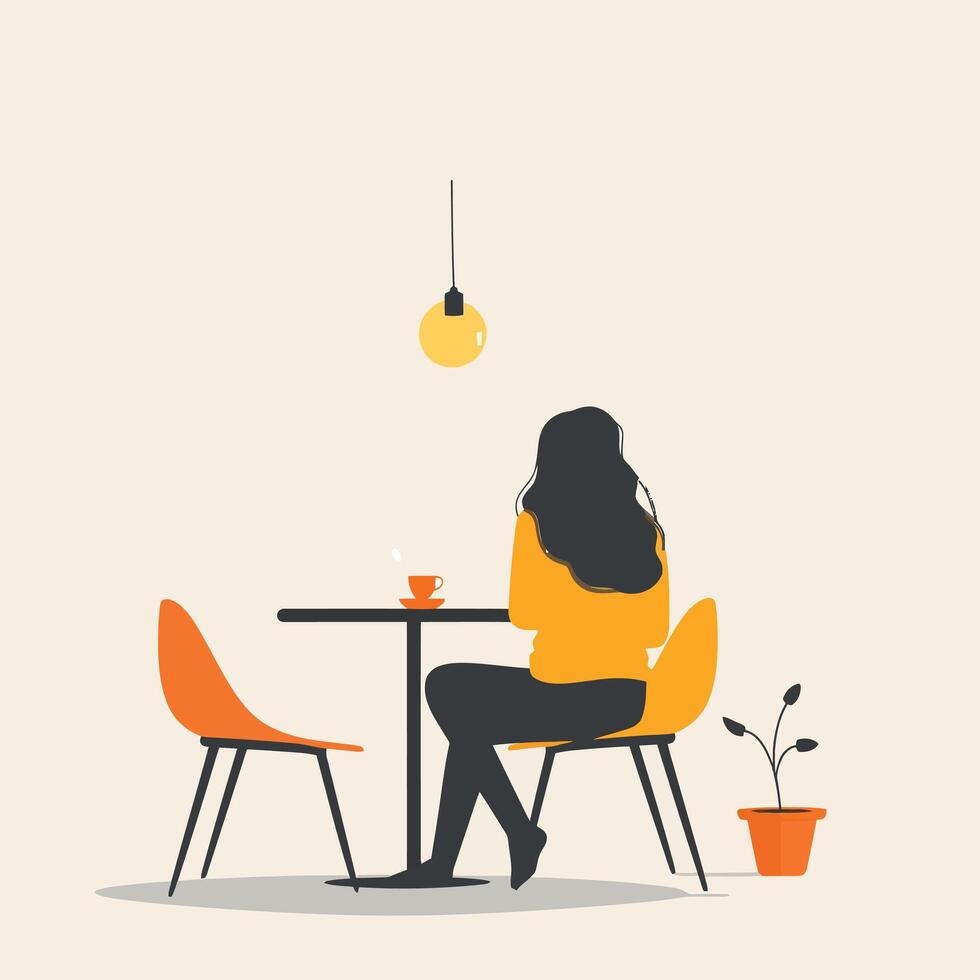 A woman sitting at a table with a cup of coffee vector