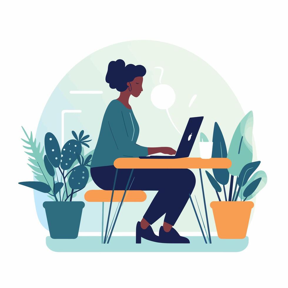 An illustration of a person sitting at table working on laptop vector