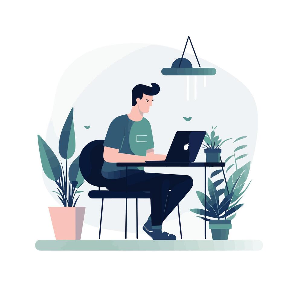An illustration of a person sitting at table working on laptop vector