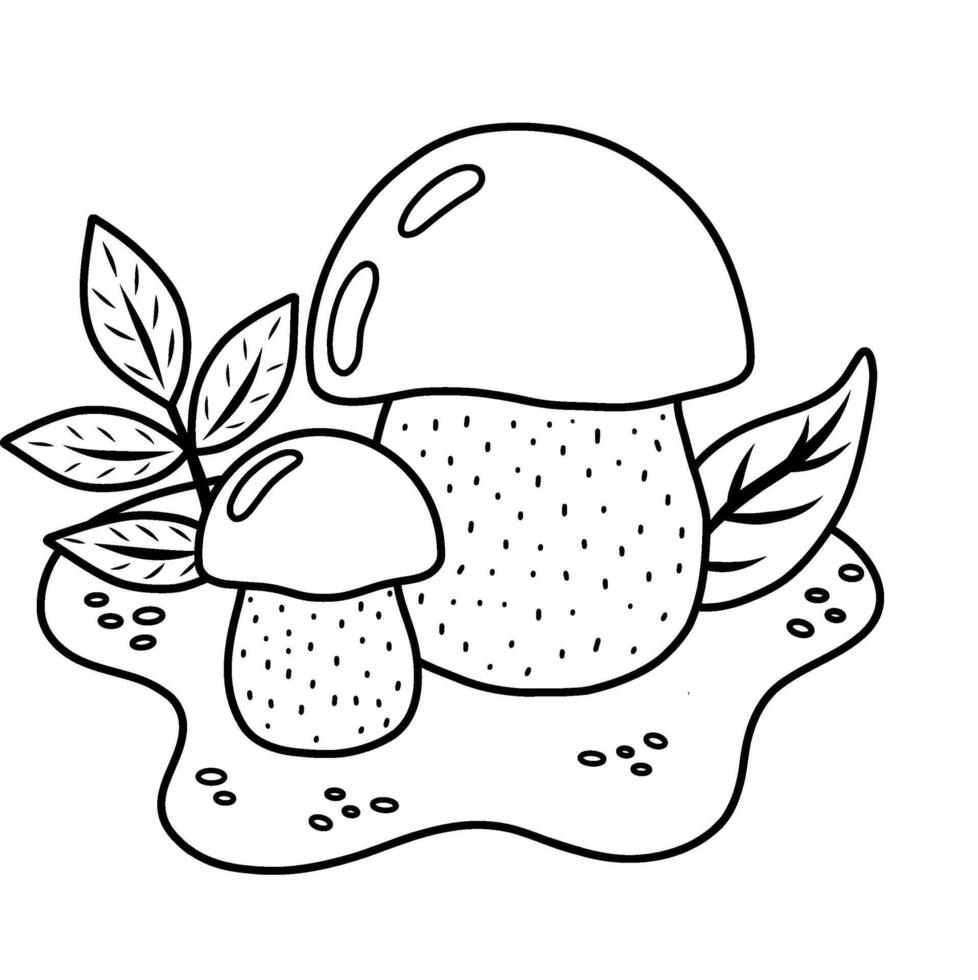 illustration of a mushroom highlighted on a transparent background for children coloring a worksheet, workbook, web design. Stock illustration of a white mushroom in a forest clearing. vector