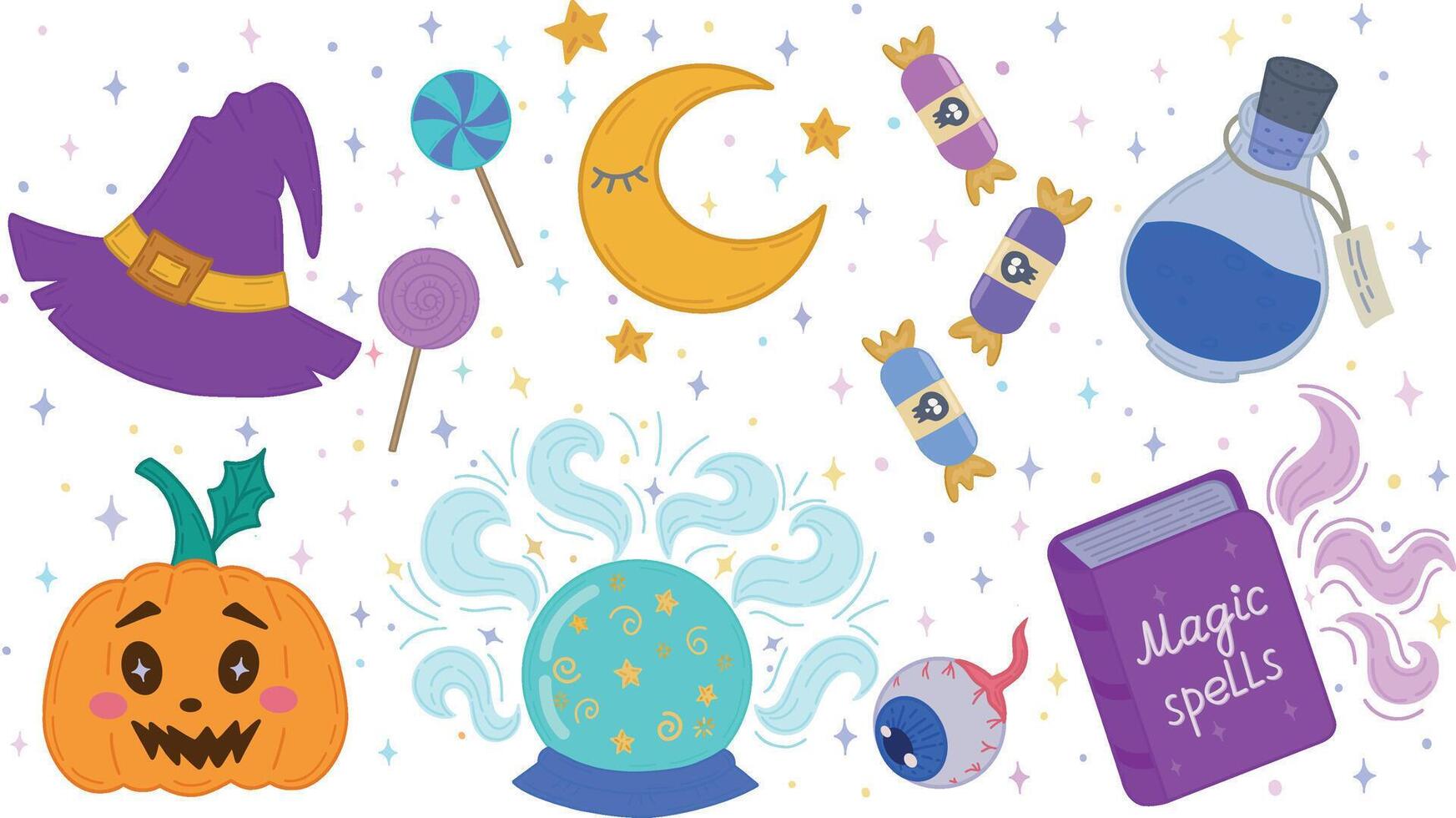 Cute Halloween collection pumpkin, eyeball, candy, moon, potion, magic ball. A set of illustrations on a transparent background, hand-drawn, for postcards, banners and posters, discounts. vector