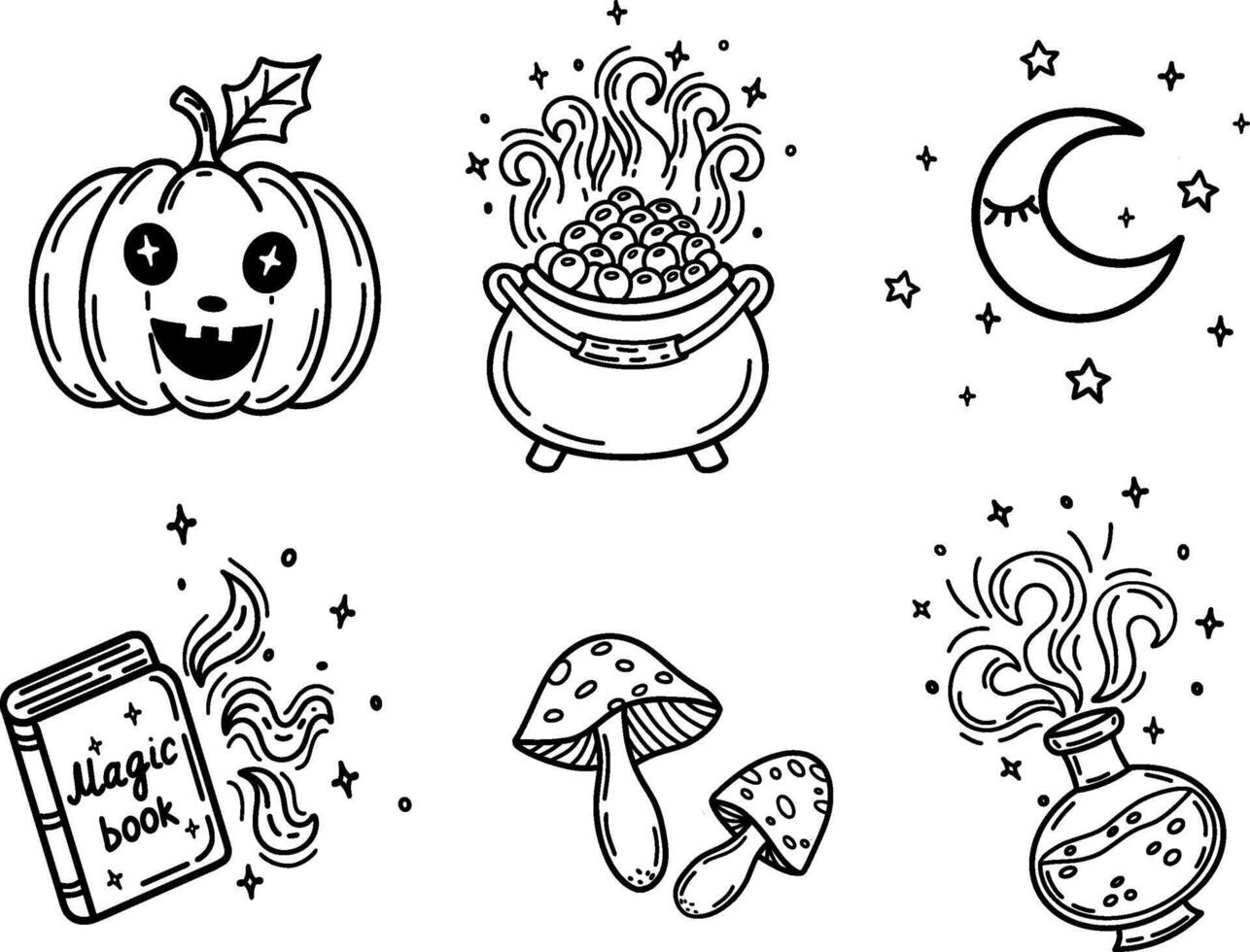 Halloween collection.pumpkin, cauldron with potion, moon, stars, spell book, fly agaric, potion. A set of illustrations on a transparent background,hand-drawn, for postcards,banners and posters vector