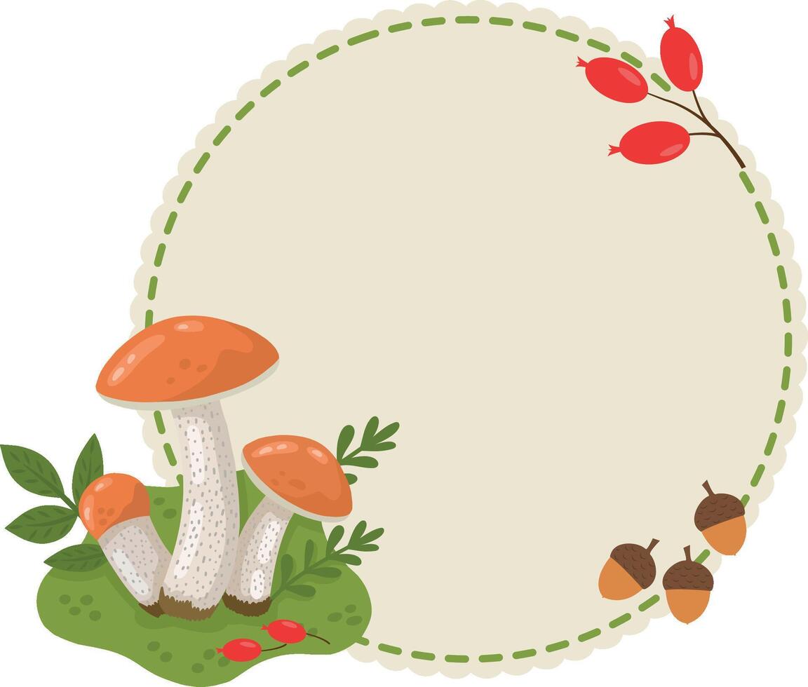 A frame with forest objects such as a white mushroom, berries, plants, in a cartoon style. Fashionable modern illustration, hand-drawn. illustration for postcards, banners and posters vector
