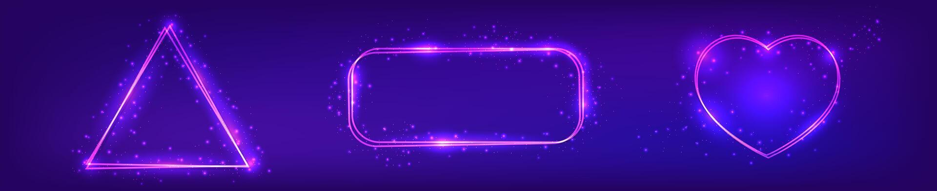 Set of three neon double frames with shining effects vector