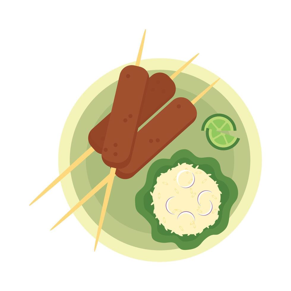A plate with a plate of food and skewers vector