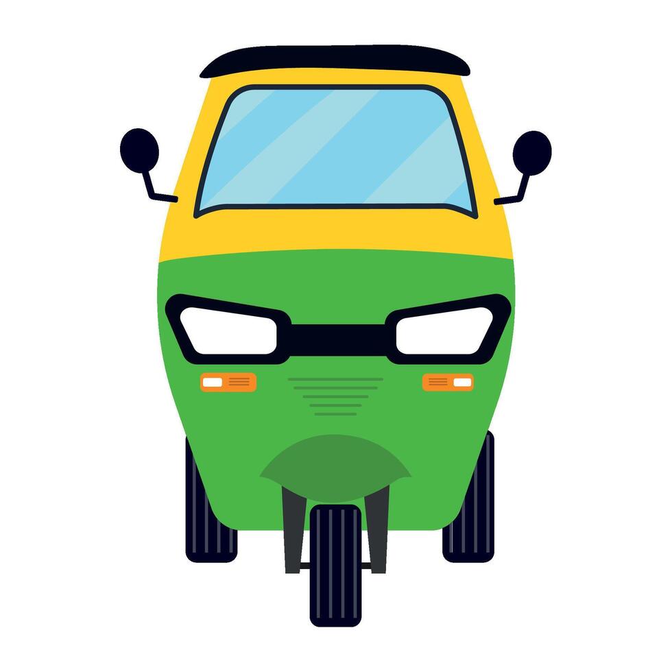 A green and yellow three wheeler with a black top vector