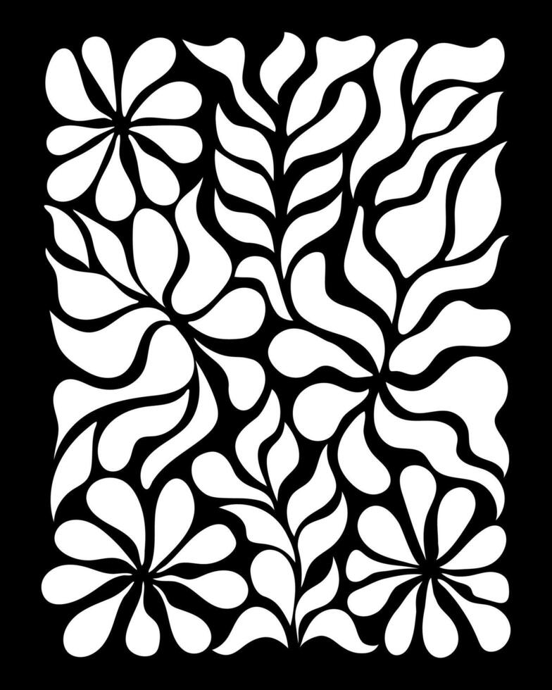 Groovy abstract flower posters. Floral doodle patterns. Trendy set. Black and white illustration. vector
