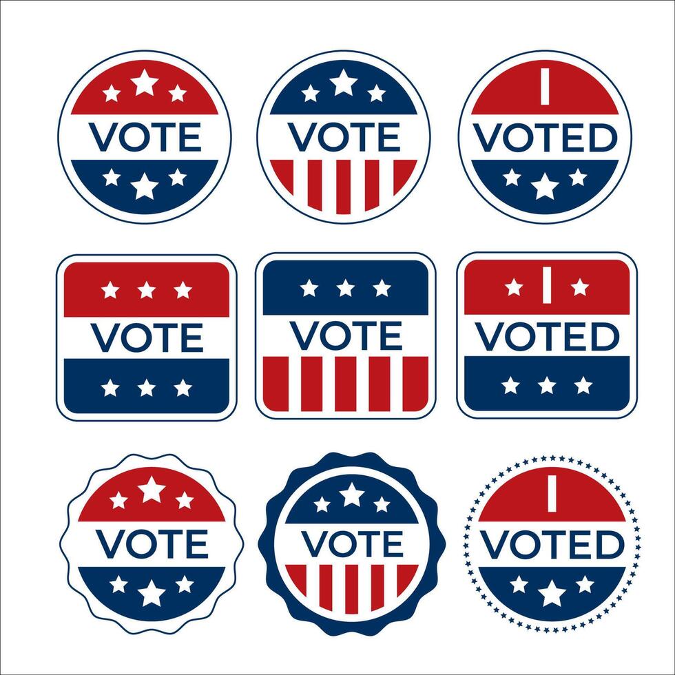 Vote stickers set with American flag. Voter badge. Vote buttons on election day. USA election campaign pins. vector