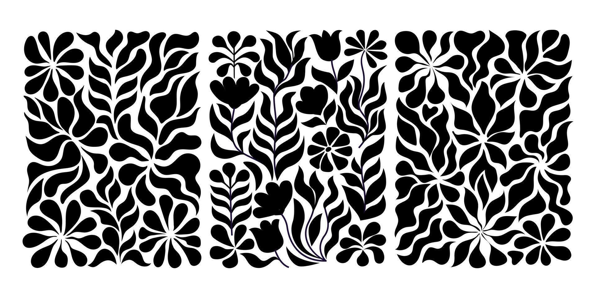 Groovy abstract flower posters. Floral doodle patterns. Trendy set. vector