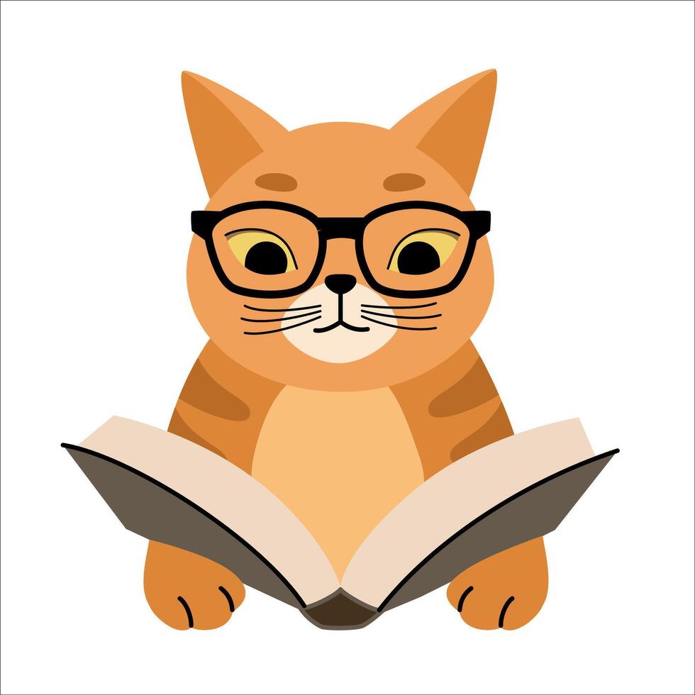 Smart cat in glasses reading a book. Concept of school, education, book fairs, libraries. vector