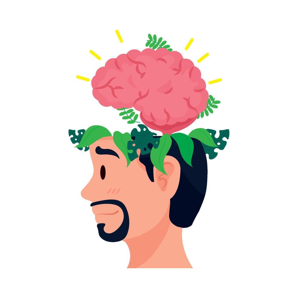 Illustration of a man with a brain and plants on his head vector