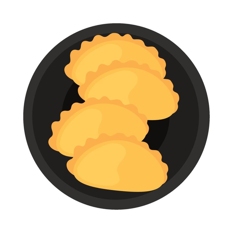 Three fried dumplings in a black plate vector