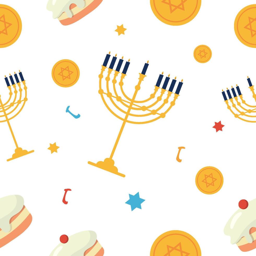 Seamless pattern with menorah, coins and cupcakes vector