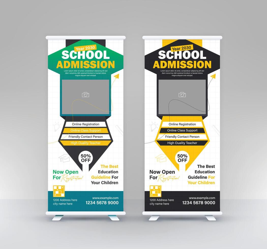 Back to School Admission standee rollup design modern education signage pullup vertical banner vector
