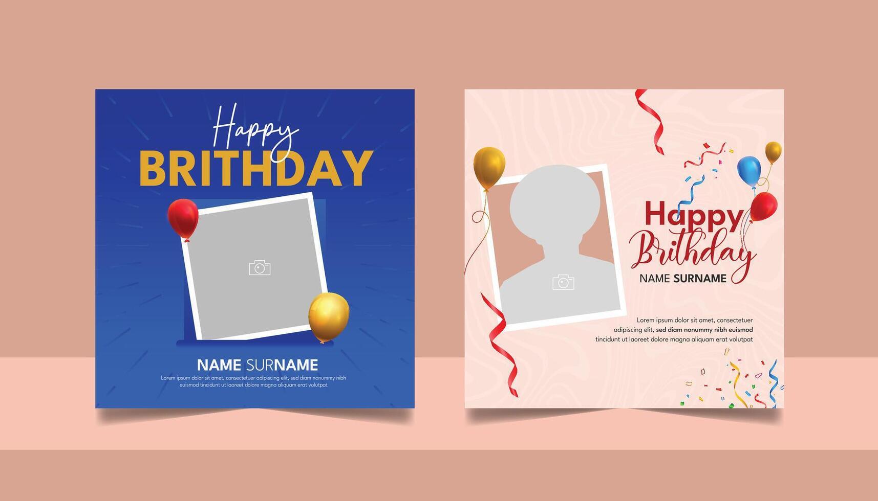Birthday wishes social media post template, party invitation or greeting card, happy wedding anniversary celebration event square banner poster design set vector