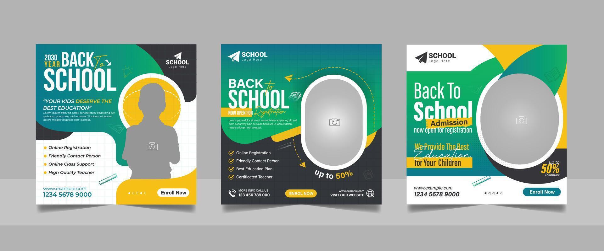 Kids admission social media post and back to school web banner higher education square flyer study abroad poster template vector