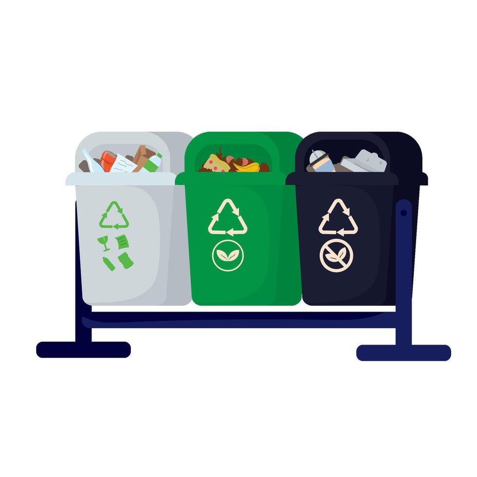 Three trash cans with different types of trash vector