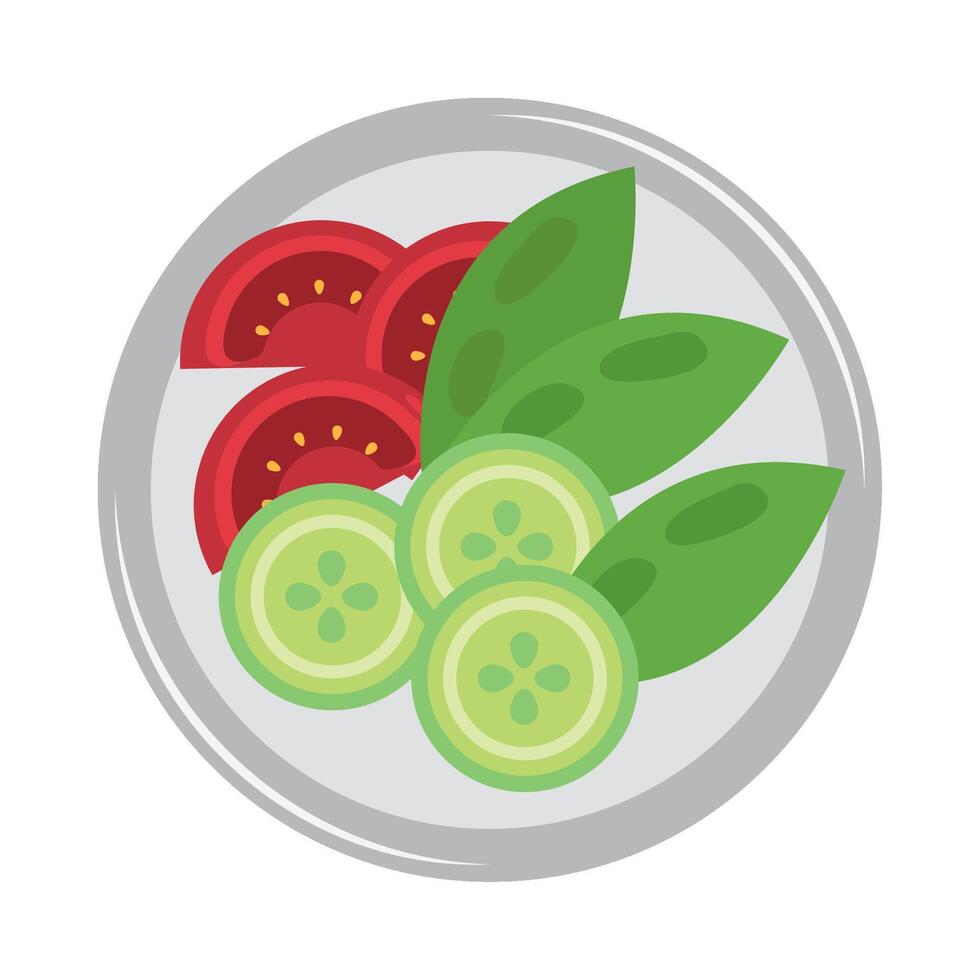 A plate with tomatoes, cucumbers and green leaves vector