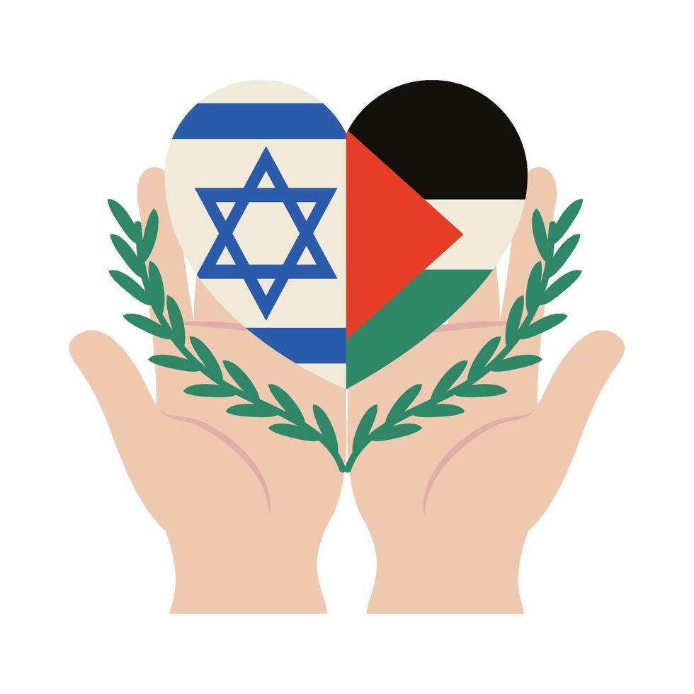 Israeli flag and palm leaves heart symbol of israeli and palestinian people, vector