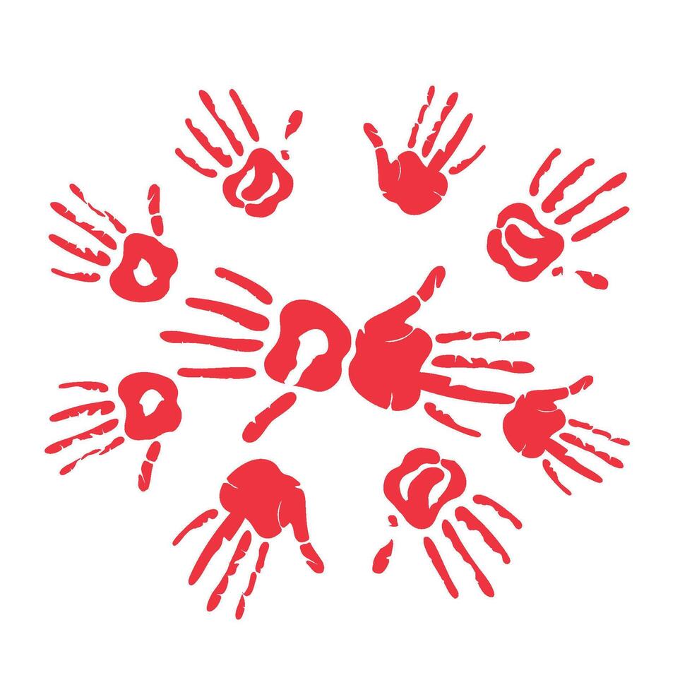 Many red handprints in a circle on a white background vector