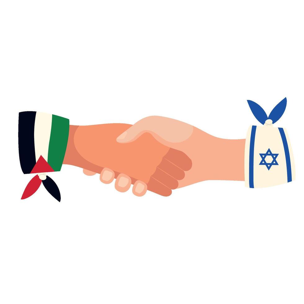 Two hands shaking hands with the flag of israel and the flag of palestine vector