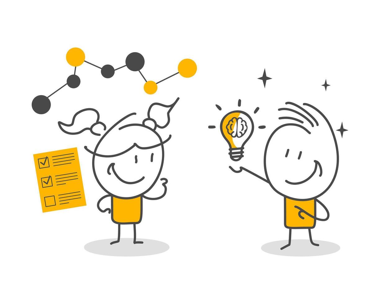 Stick figures. Businesspeople brainstorming together with sticky notes in an of vector