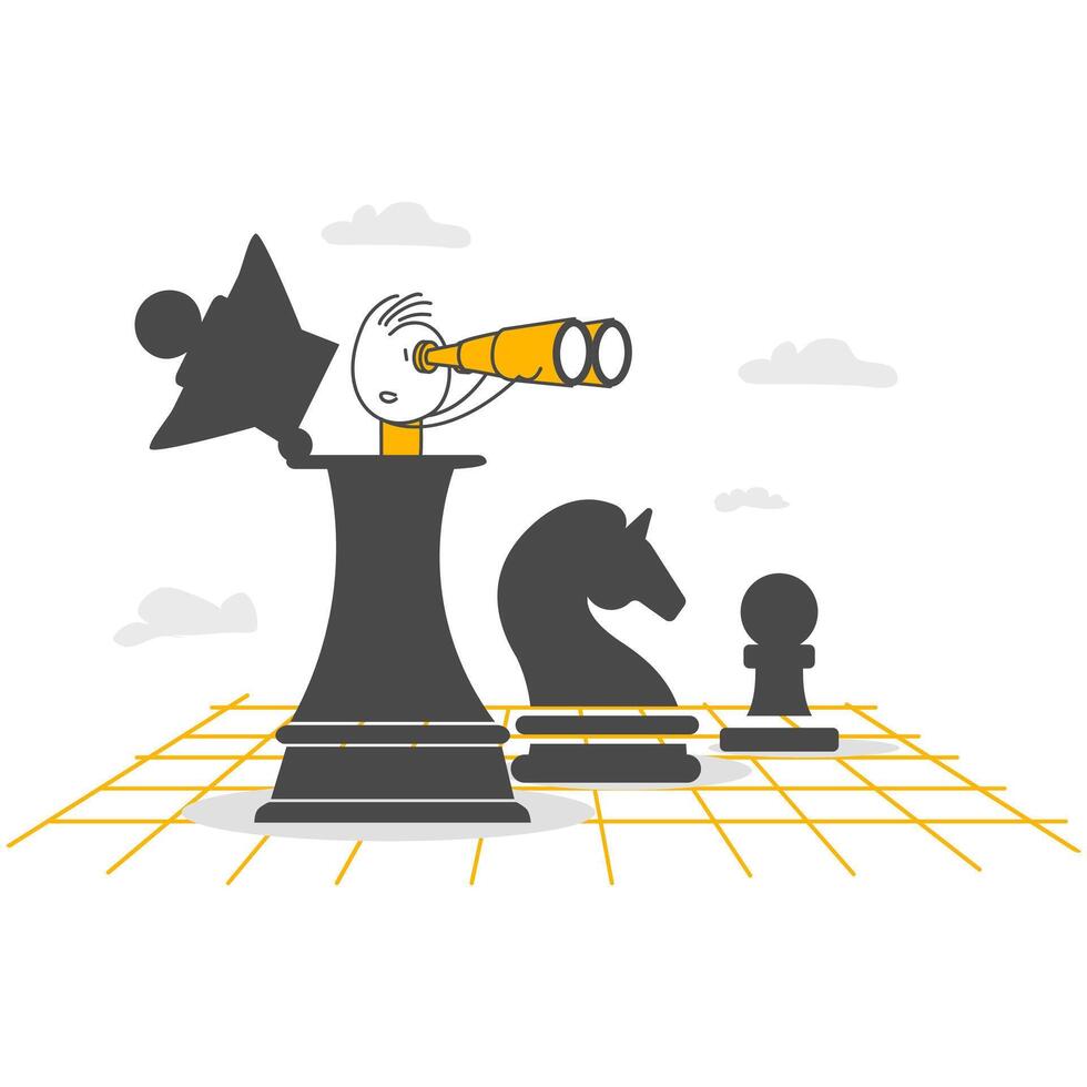 Success strategy, businessman leader opens chess king with binoculars to look ahead. vector