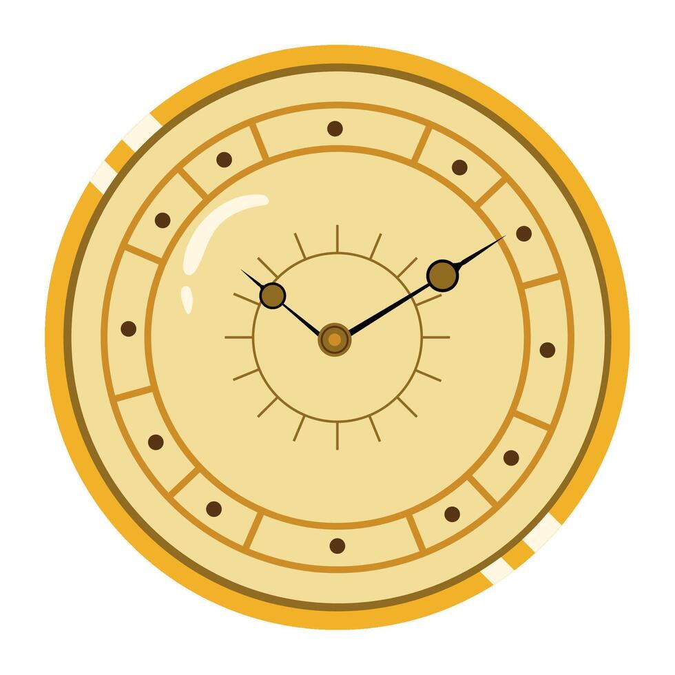 A clock with a yellow face and brown hands vector