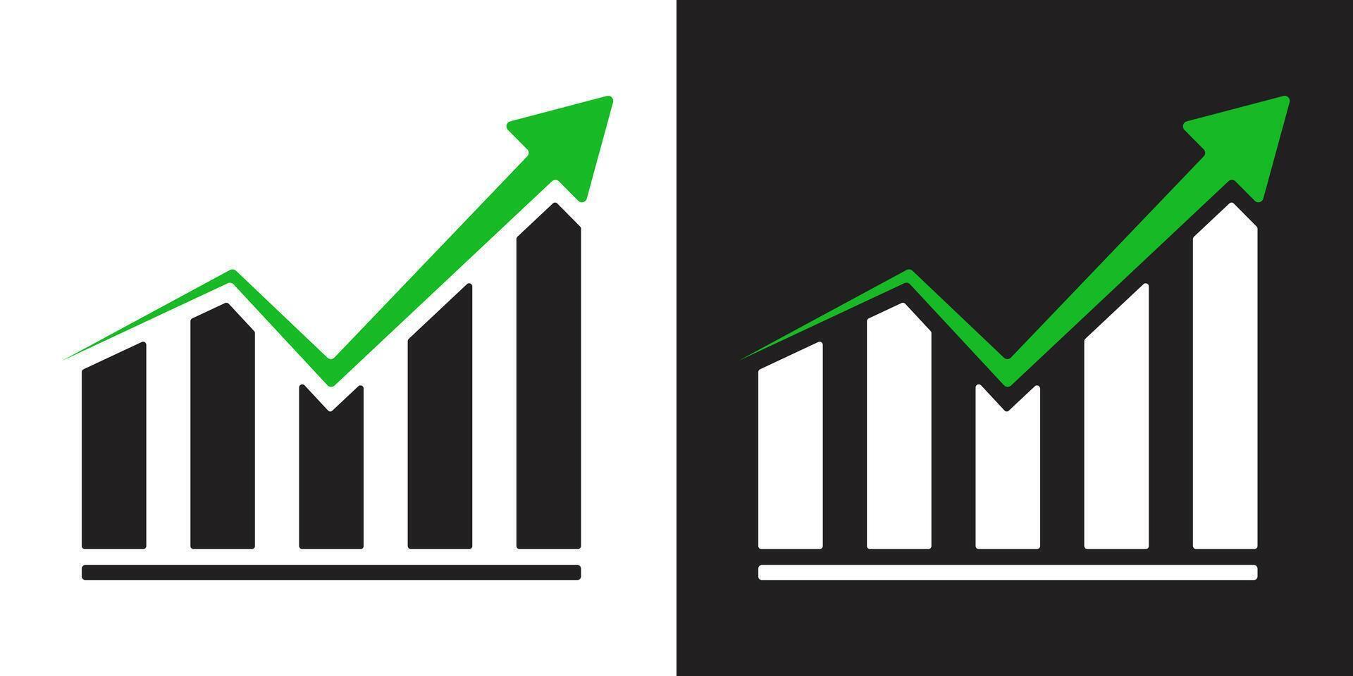 Set of growing bar graph icon illustration with green increase arrows vector