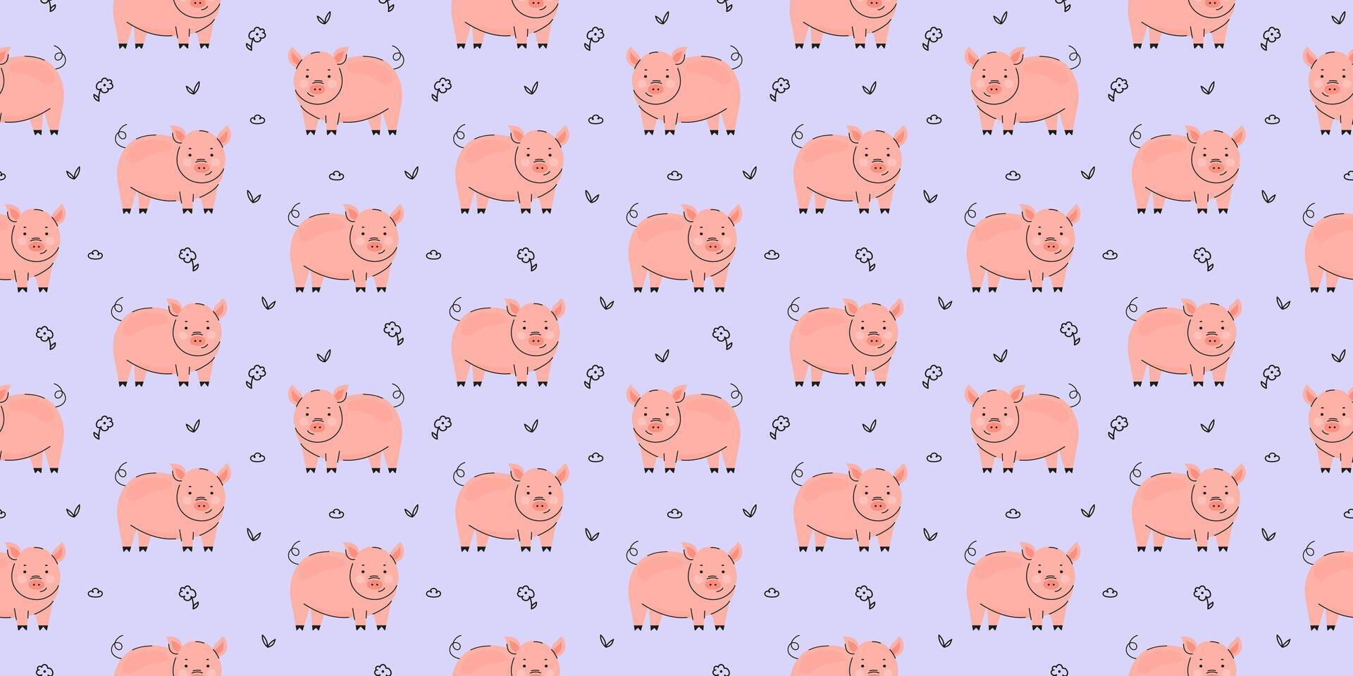 Seamless pattern with cute pig and flower vector