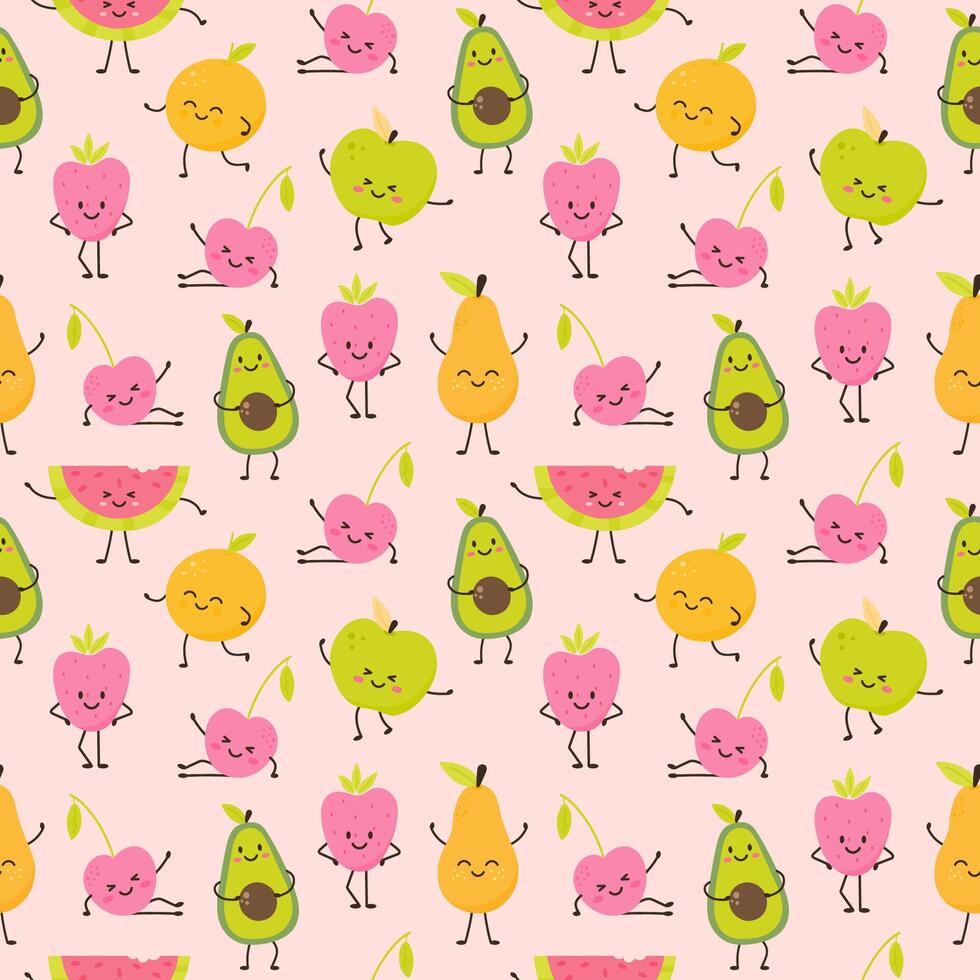 Childish seamless pattern of fruit funny character vector