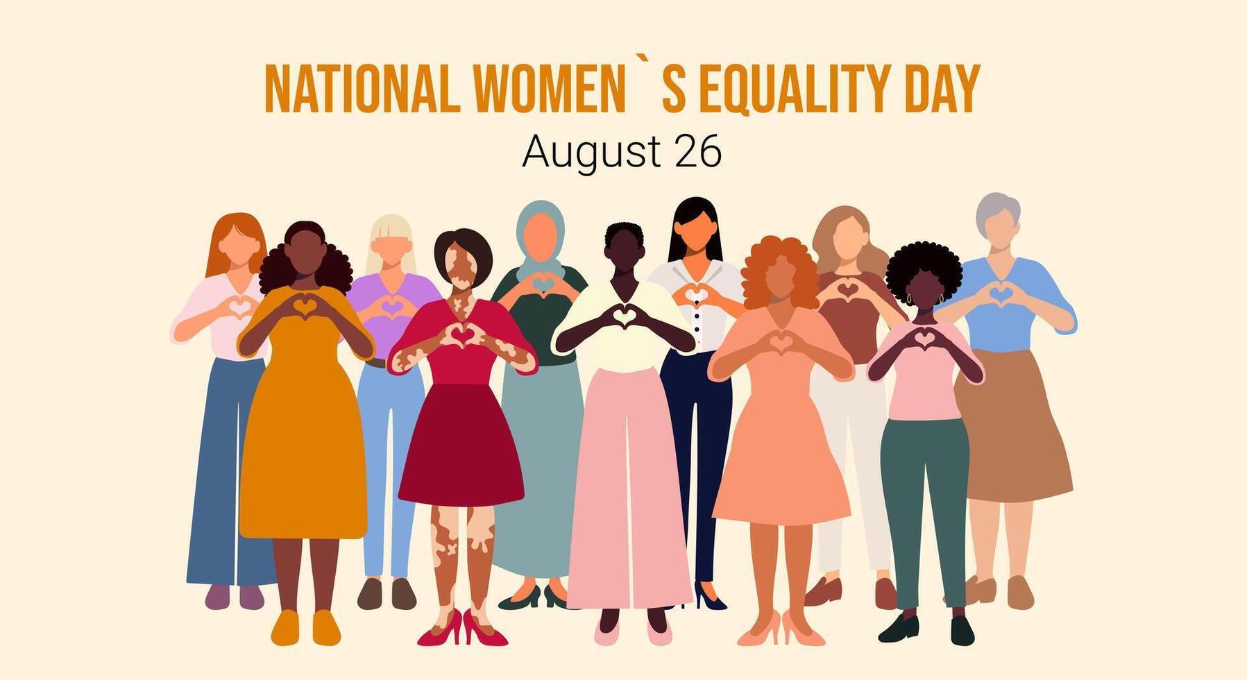 A poster for Women's Equality Day with a group of people holding hands and hearts. The poster is pink and white and has the date August 26 vector