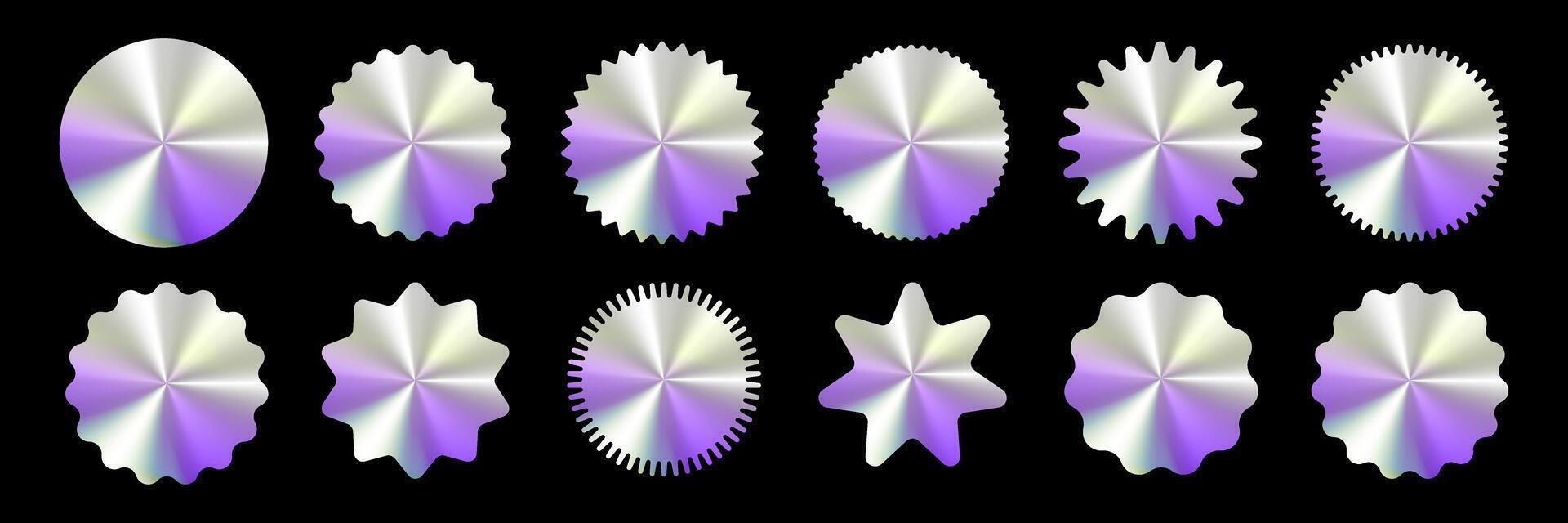 A set of holographic, shiny, metallic, purple and silver circles vector