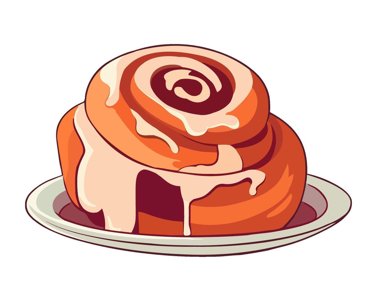 Cinnamon roll on a plate illustration vector