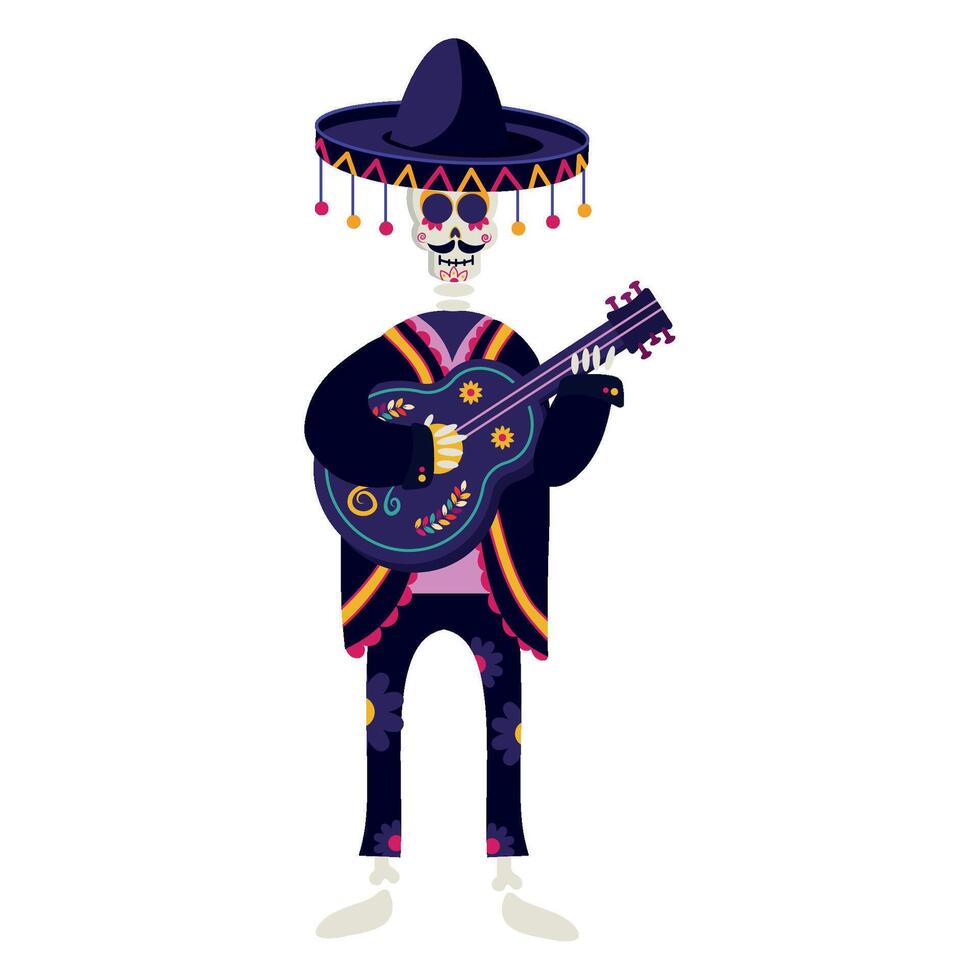 Mexican skeleton with guitar and hat vector