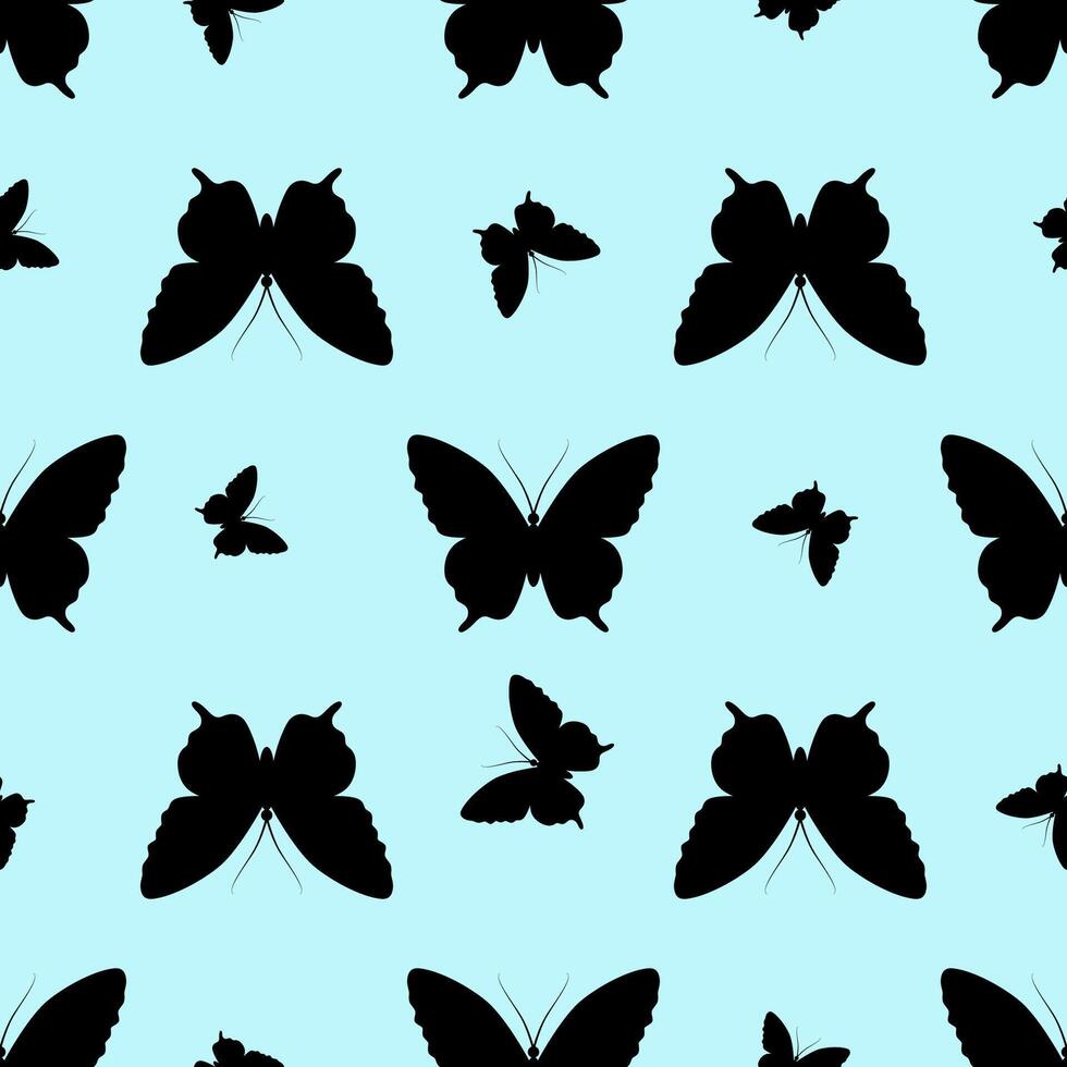 A seamless pattern featuring a black butterfly silhouette against a blue background. vector